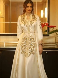 2025 Elegant White Moroccan Caftan Wedding Evening Dresses Long Sleeves Gold Applique Women Party Customized Vestido De Noiva