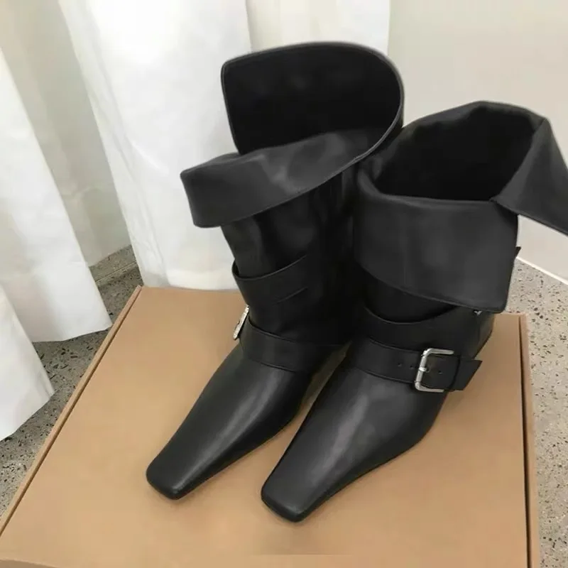 

Korean Version Niche Design Lapel, Two Wearing Small Square Toe Boots, Women's Thick Heel, Chelsea Slim Boots, Short Boots