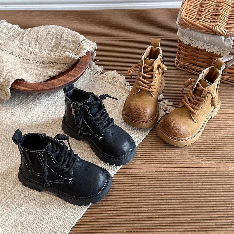 Kids Ankle Boots Lace Up Side Zipper Casual Fashion Boots Round Toe Lightweight Non Slip School Outdoor Shoes for Boys Girls