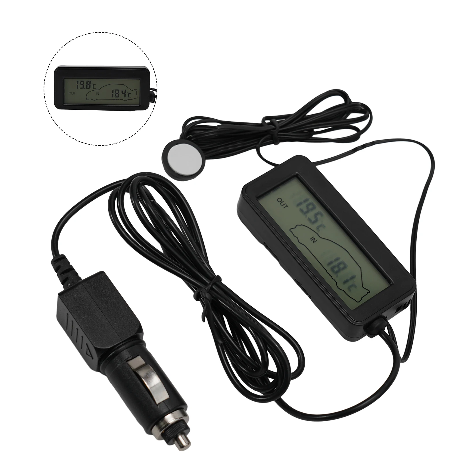 Compact 12V Car LCD Digital Thermometer, Inside & Outside Temperature Gauge Meter, Black Shell, Clear LCD Display