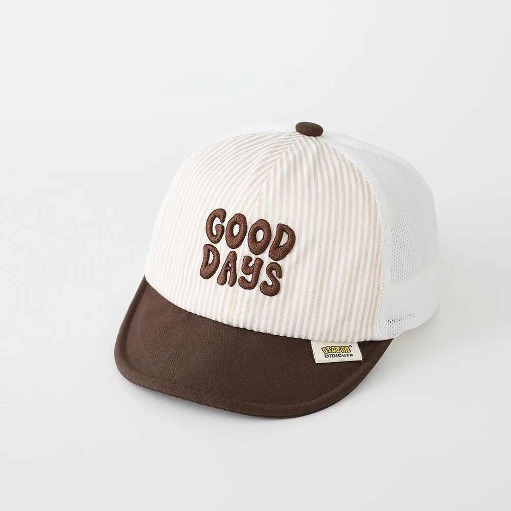 The Children's 'Happy Time' Embroidered Striped Patchwork Mesh Baseball Cap Is Suitable for Both Boys and Girls to Wear.