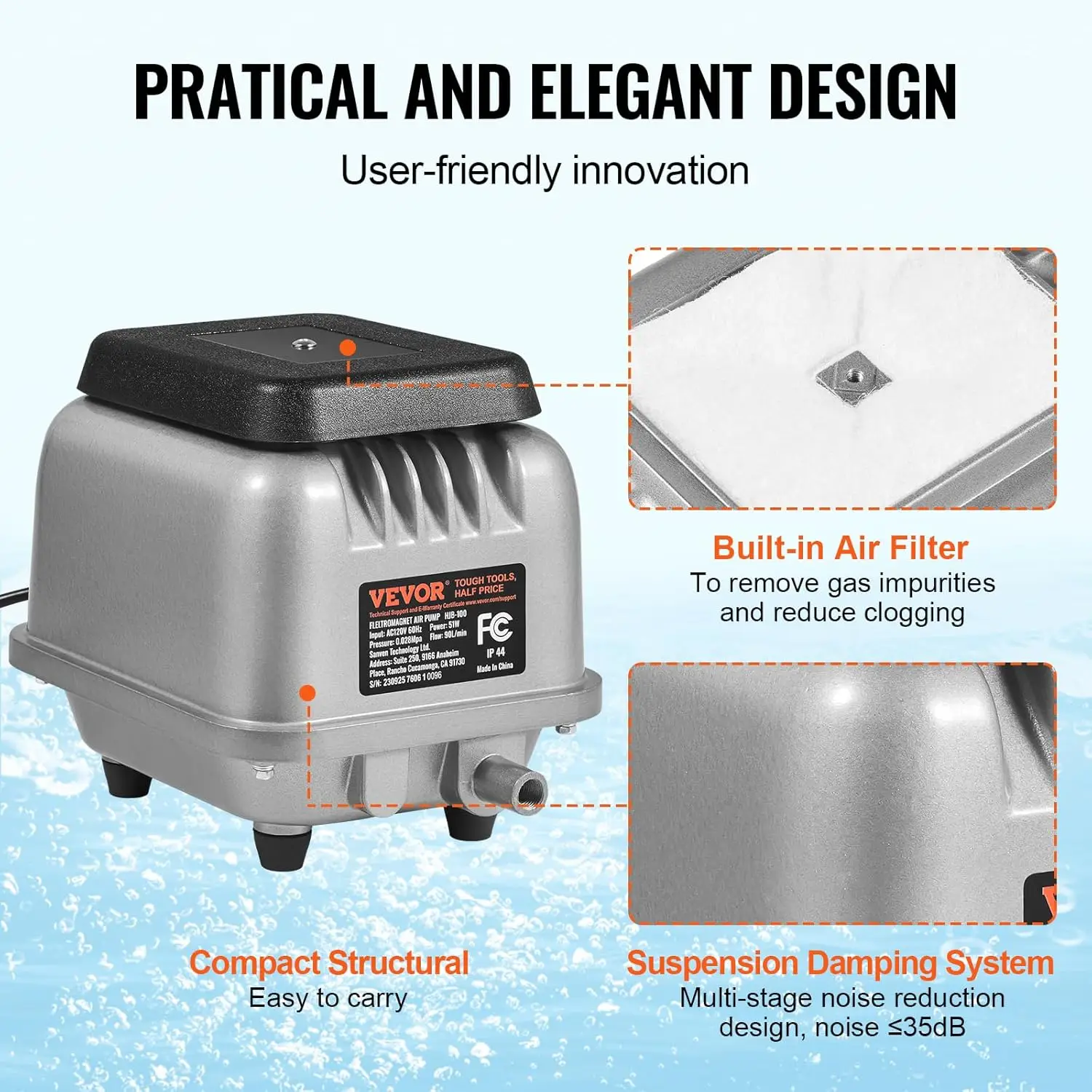 Linear Air Pump, 109L/Min Air Flow Septic Aerator Pump, Aeration System for 1/2 Acre 10 FT Deep Ponds, Water Gardens