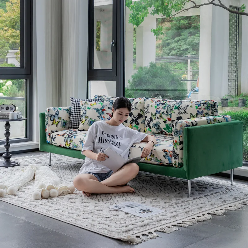 أريكة ترفيهية راقية B & B شقة غرفة المعيشة المنزلية مزدوجة ثلاثية الحديثة فراشة زهرة القماش أريكة جلدية #2