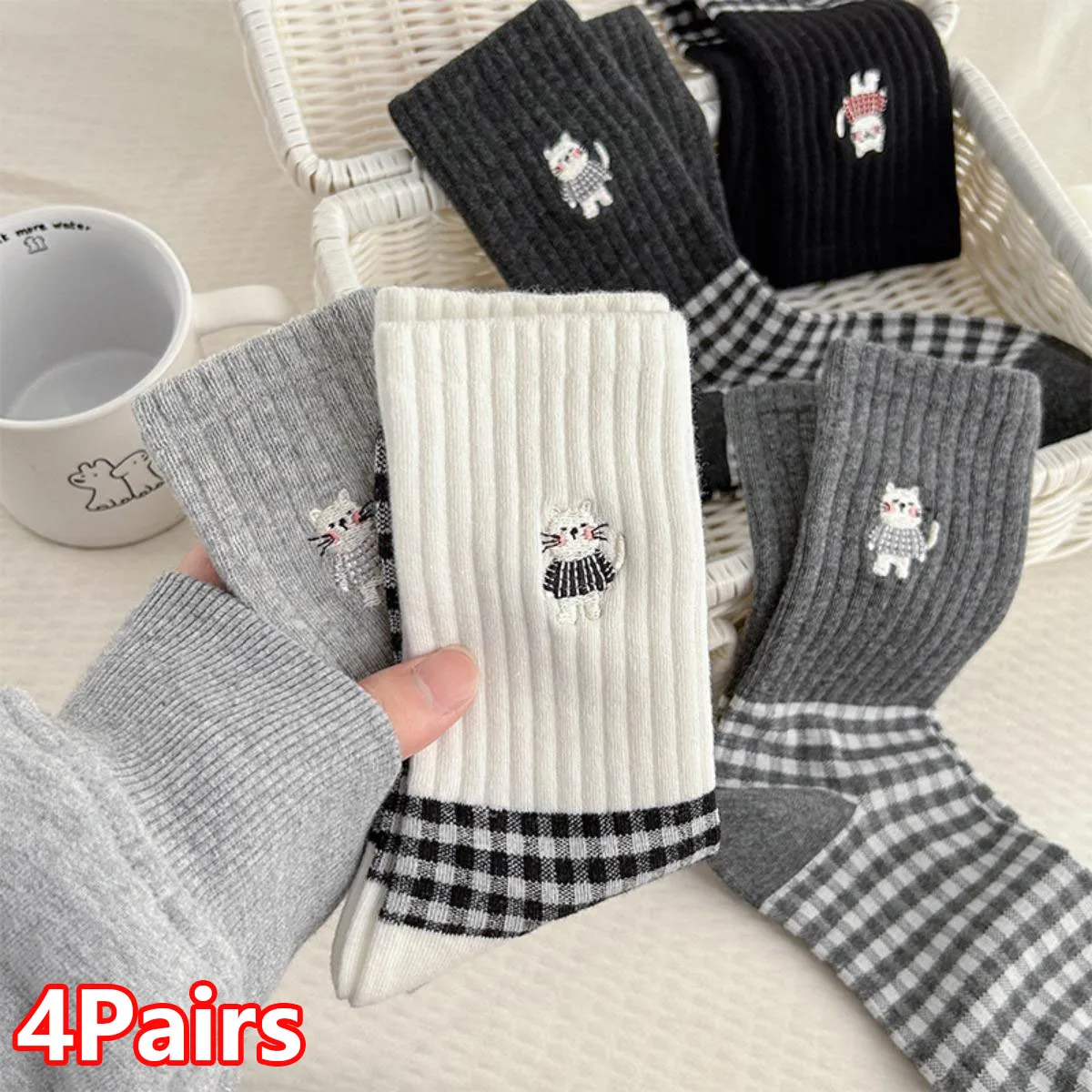 4 Pairs Autumn Funny Cartoon Plaid Splice Socks Women Cute Cat Checkered Middle Tube Socks Studends Comfort Breathable Socks