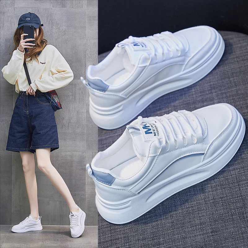 Women White Sneakers Female Increase4cm Thick Bottom Non-slip Leather Women Chunky Sneakers Original Tennis with Platform Female