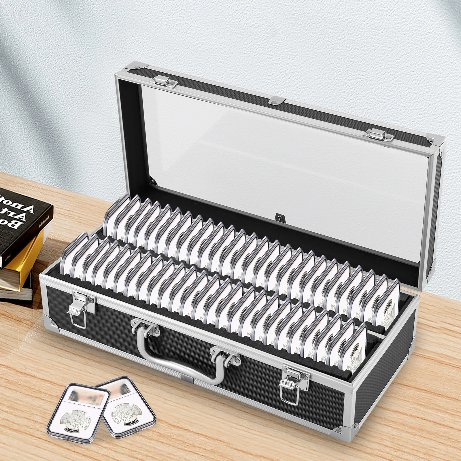 Alumínio Alloy Coin Display Case, armazenamento seguro, 50 Slots