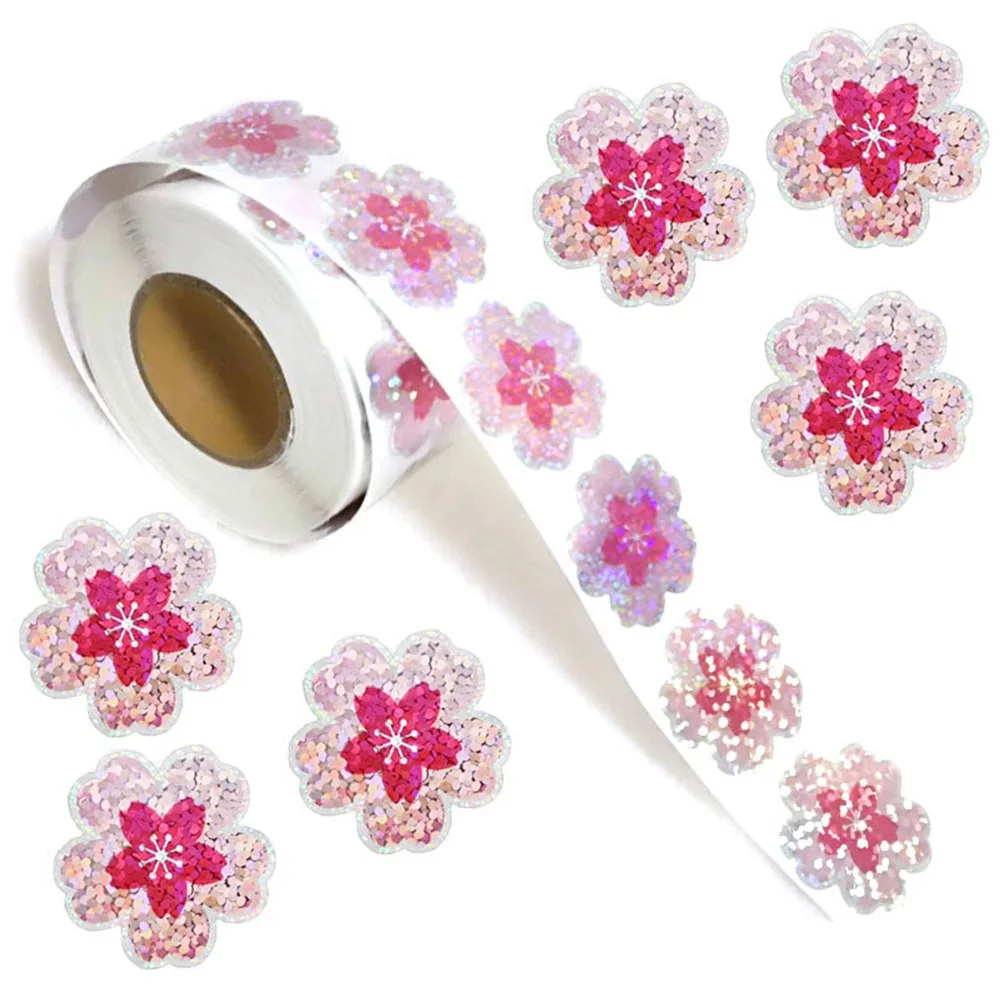 

500pcs Pink Flower Holographic Flower Stickers Self-adhesive Waterproof Sealing Sticker Ornament Decorative Decals Gift Wrapping