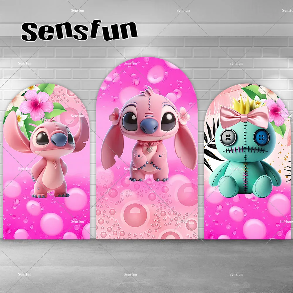 Girls Lilo and Stitch Theme Baby Shower Birthday Party Arch Backdrop Cover Bokeh Hot Pink Arched Backgrounds Doubleside