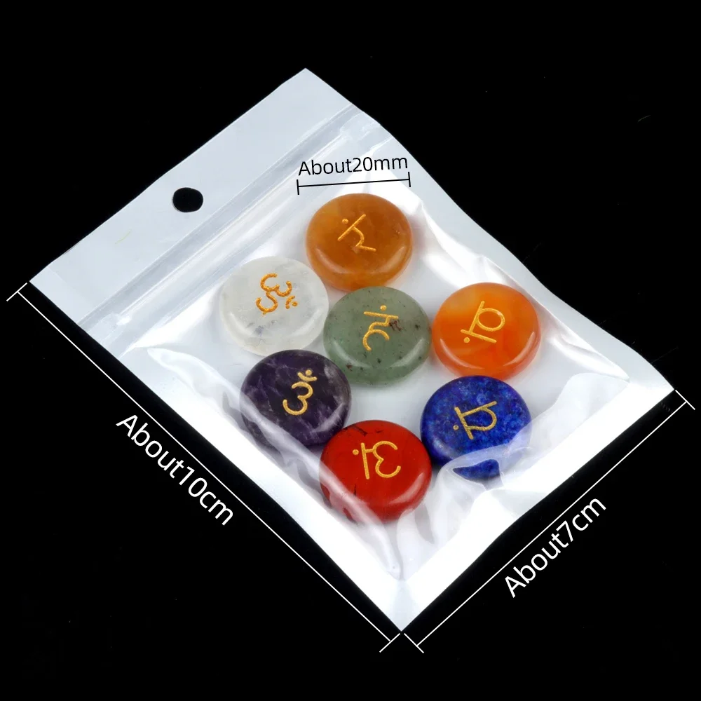 7pcs/set Flat Round Shape 20mm 7 Chakras Gemstone Decoration Beads Polish Ornaments Accessory Home Decoration Yoga Energy Stone