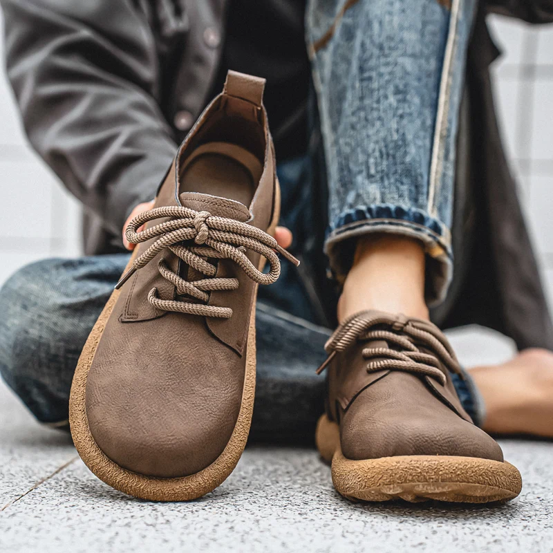 

Мужские кожаные винтажные рабочие ботинки с мягкой подошвой, мужские короткие ботинки из воловьей кожи, зимние ботильоны из эластичной шнурков, ботинки челси