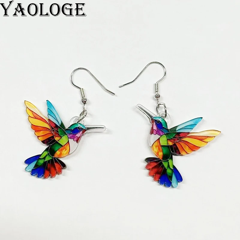 YAOLOGE Exaggerated Colorful Splicing Animal Bird Earrings Women Acrylic Material Novel Trendy Hummingbird Eardrop Party Gifts