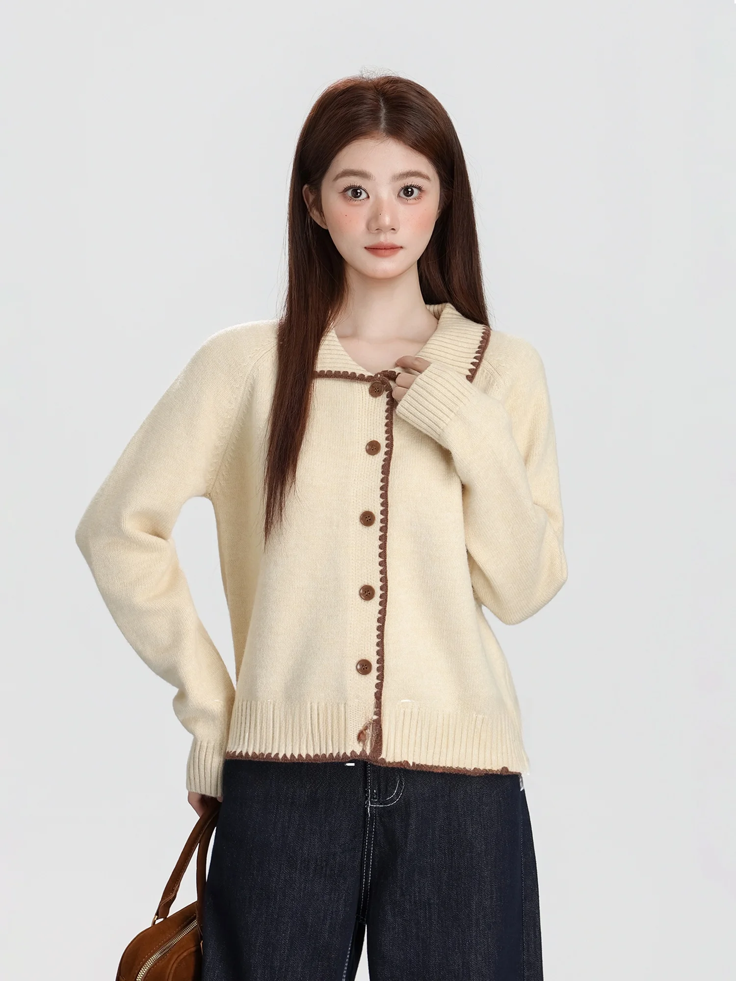 

Ретро-кардиган с контрастными вставками и кружевом, вязаный, свободного кроя, с воротником, в стиле Lazy Sle, с длинными рукавами, для осени и зимы