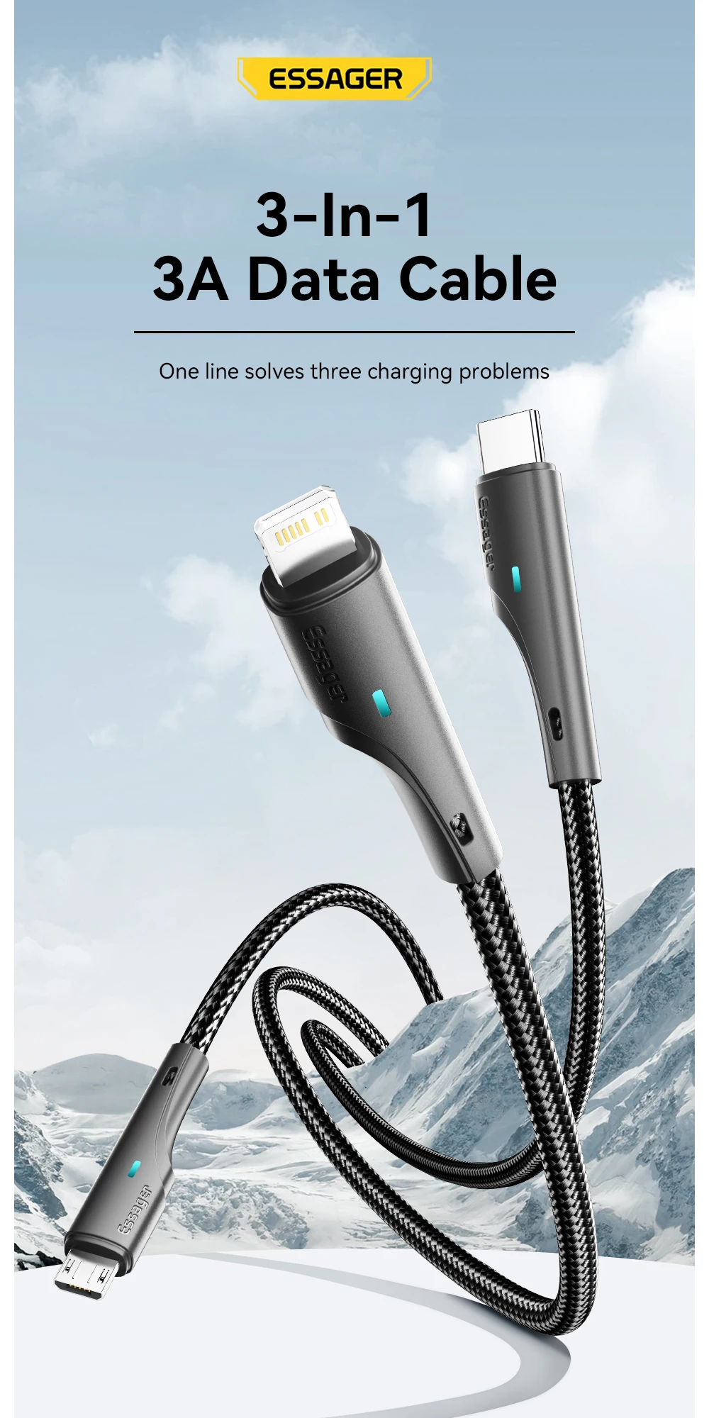 Essager 3 in 1 USB Type C Cable Micro USB Wire Charger For iPhone 14 13 12 X Pro Max Samsung Xiaomi PCPO Mobile Phone Data Cord