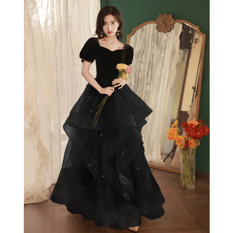 Gaun Malam A-Line Putri Hitam Elegan Gaun Prom Pesta Formal Wanita Panjang Lantai Leher Persegi Peri Perancis Robe De Soiree