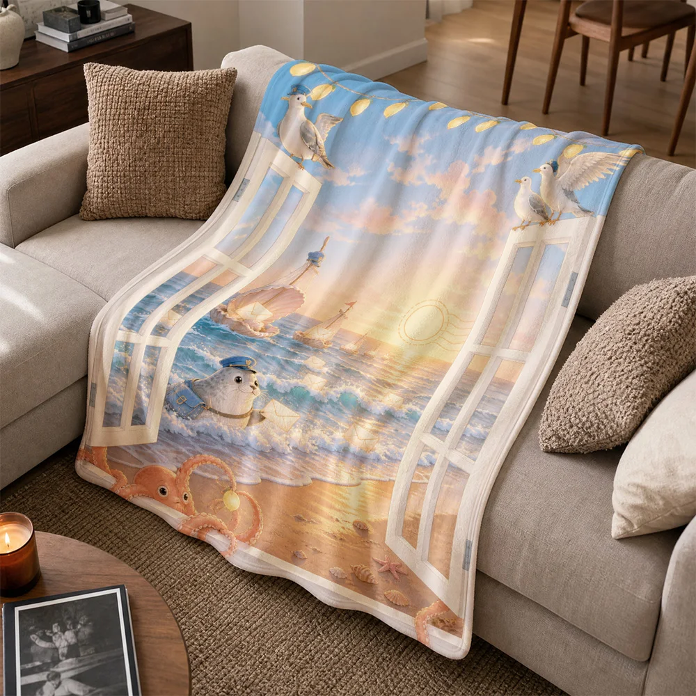 Large Decorative Beach Throw Blanket Nautical Coastal Seashore Ocean Sunset Throw for Sofa Couch Home Summer Decor