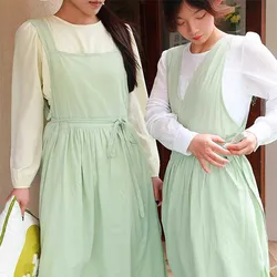 Double-sided Long Cotton Linen Apron Kitchen With Pocket Women's V-neck Flat-neck Split Pinafore For Cooking Gardening Painting