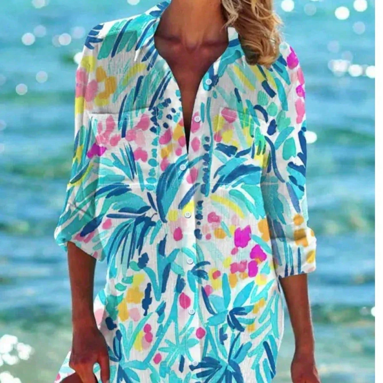 

Women's Tropical Print Beach Cover Up Summer Vacation Shirt Dress