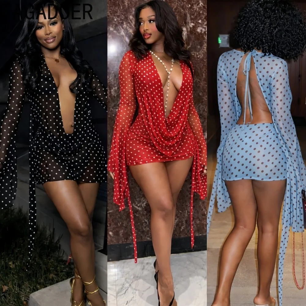 

FAGADOER Spring New Sexy Polka Dot Print Bodycon Dresses for Woman Deep V-neck Batwing Sleeve Dress Female Streetwear Vestidos