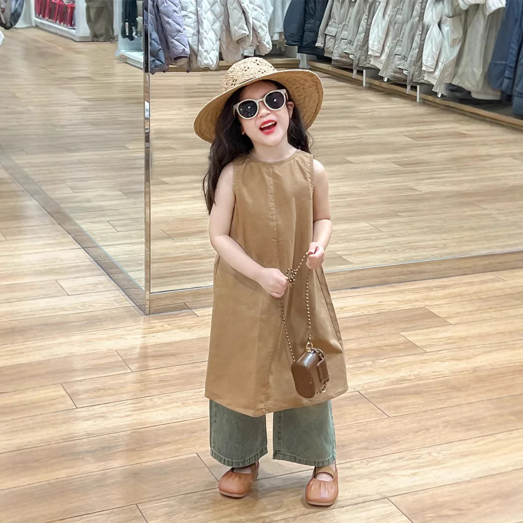 

2025 Summer New Korean Children's Clothing Girls Fashionable Backless Sleeveless Dress Vacation Vest Skirt Beach Skirt