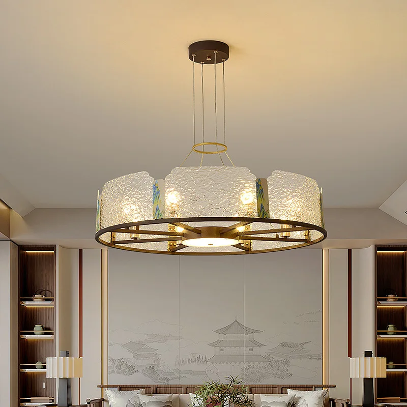 Modern Chinese Style Pendant Light For Dining Room Kitchen Table Round Coffee Color Hanging Lamp With Enamel Art Acrylic Shade