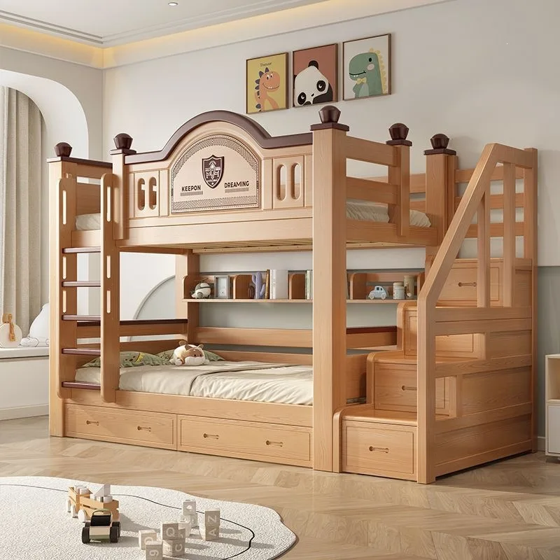 Thickened solid wood upper and lower beds Children's storage beds Cherry wood double-layer raised guardrail beds Two-layer high