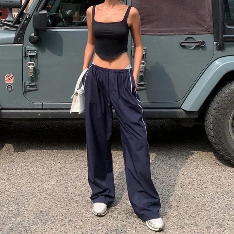 Women Summer Y2K Loose Cargo Pants Elastic Waist Baggy Wide Leg Straight Trousers Jogger Overalls Sweatpants Streetwear