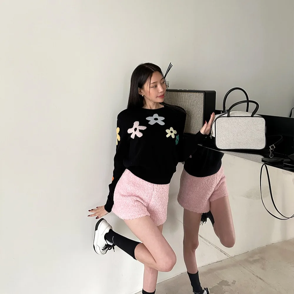 الكورية أنيقة الملونة زهرة محبوك سترة المرأة الخريف الشتاء جديد س الرقبة طويلة الأكمام فضفاضة البلوز بلوزات جميلة غير رسمية