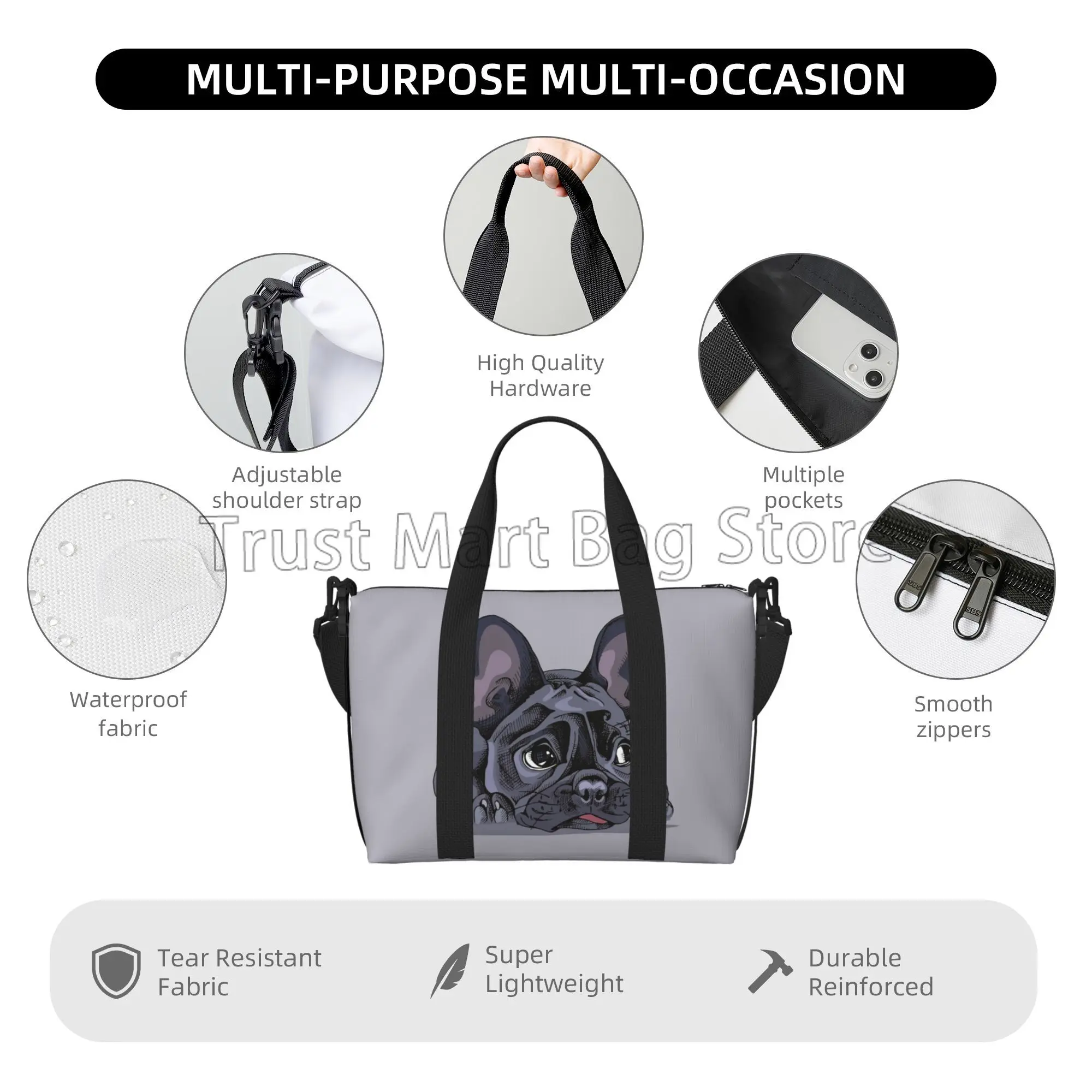 French Bulldog Art Print Travel Duffel Bags Lightweight Sports Tote Gym Bag Shoulder Weekender Overnight Bag for Men Women