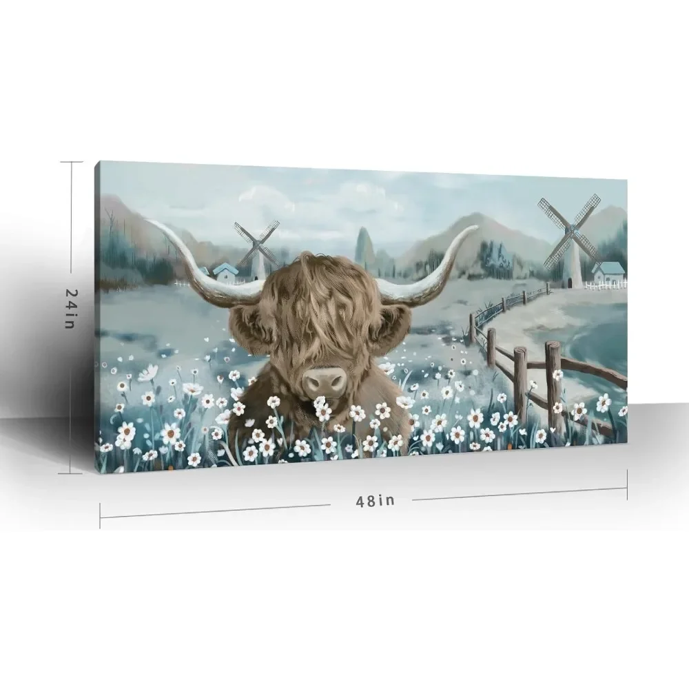 Decorative Paintings Large Highland Cattle Wall Art Animal Canvas Print Rustic Farmhouse Cattle Picture in Living Room Decor