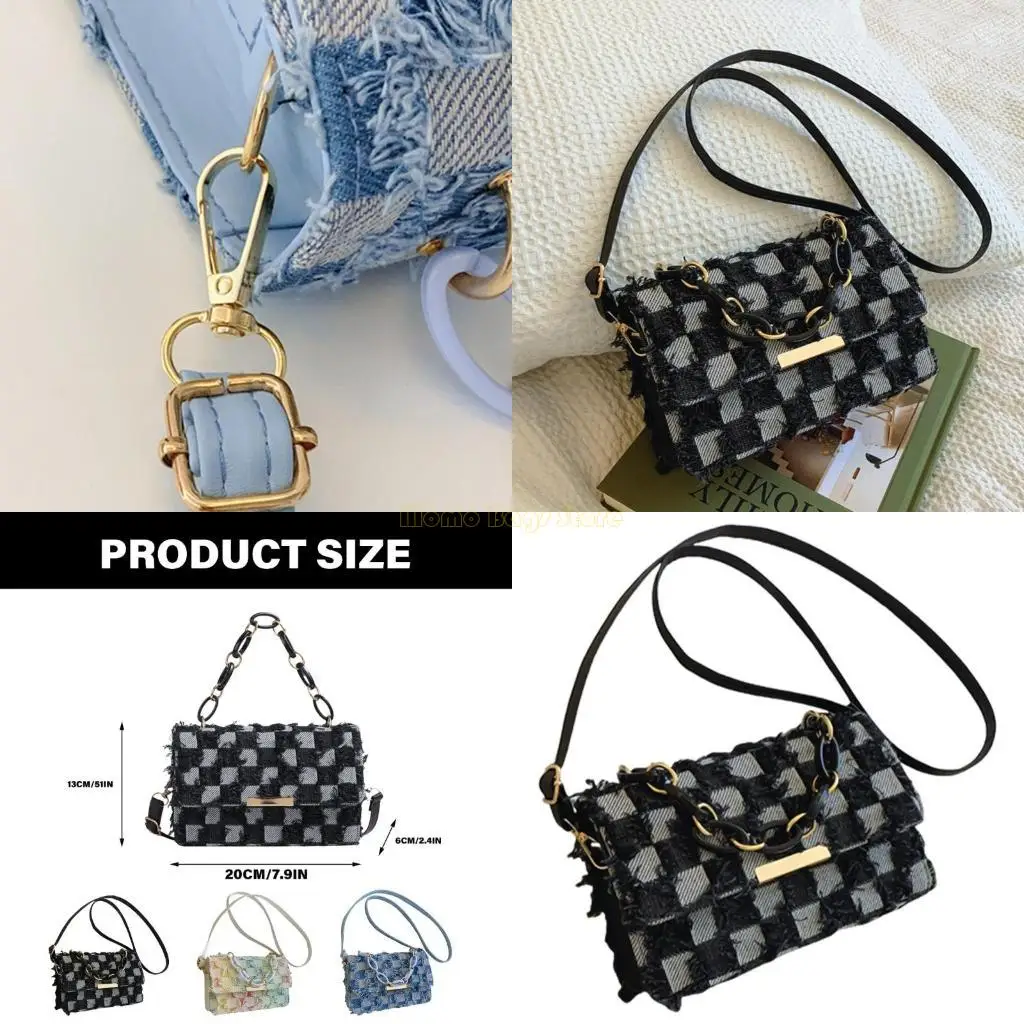 

X90D Fashionable Chain Handle Shoulder Bag Korean Elegant Denims Tassels Handbag Checkered Jeans Crossbody Purse for Women
