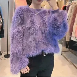 Fur Purple Fluffy Top Autumn Winter 2025 Loose Knitted Sweaters Women Long Sleeve Spring Tops Elegant Jumpers Knit Pullovers