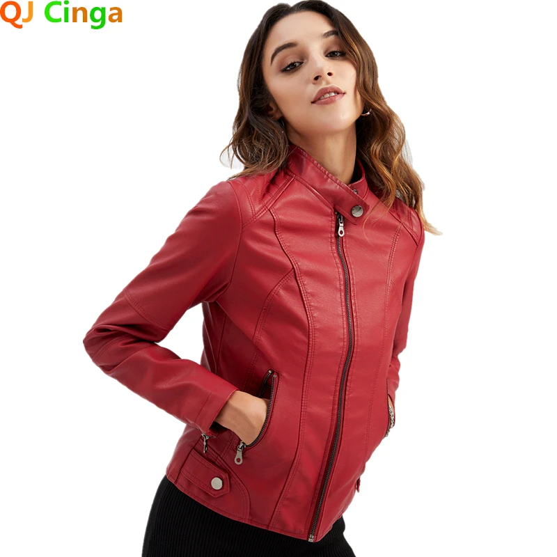 

Red PU Jacket Women's Vertical Collar Zipper Motorcycle Women Leather Jacket Fashion Casual Coat Female Outerwear Black Purple