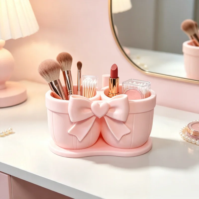 Sweet and Girly Bow-Shaped Double-Tube Makeup Brush Holder, Light Pink Dual-Compartment Multifunctional Desktop Storage Box, Stable Non-Slip Integrated Base with Large Opening for Easy Access, Smooth Rounded Corners, Sturdy Plastic Material, Lightweight and Easy to Clean, Can Also Be Used as a Pen Holder, Suitable for Storing Beauty Tools, Lipstick, Hair Clips, Cotton Swabs, Can Also Be Used as a Pen Holder, Decorative Piece for Dressing Table, Bedroom, Bathroom Countertop, Perfect as a Gift for Girls on Valentine's Day, Christmas, Housewarming, Birthday, Trendy Dressing Table Storage Accessory for Girls' Room Makeover