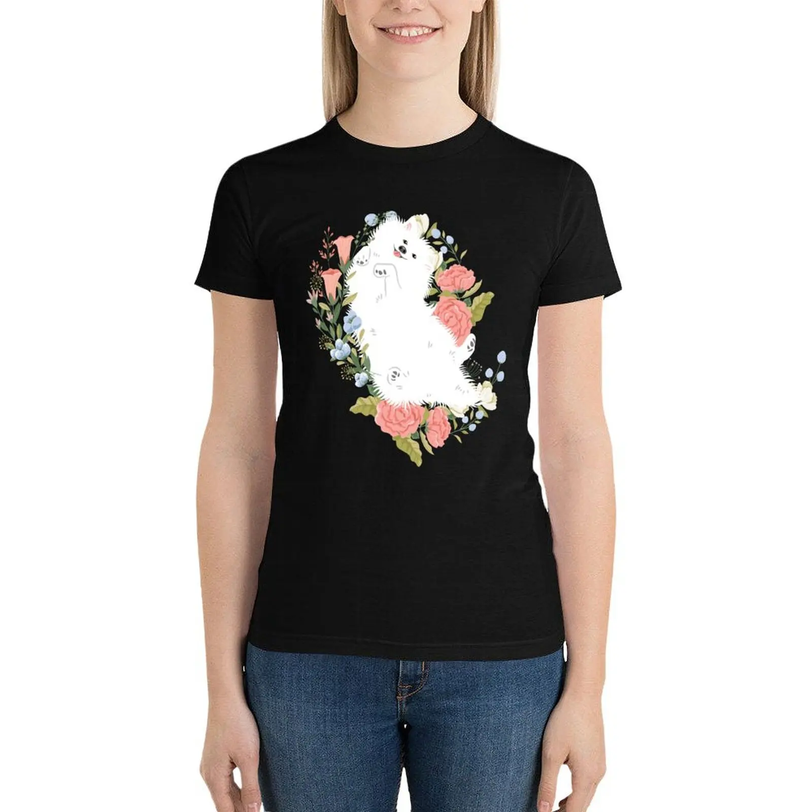 American Eskimo Dog and Flowers - Purple Background T-Shirt oversized plus size tops Women's cotton t-shirt