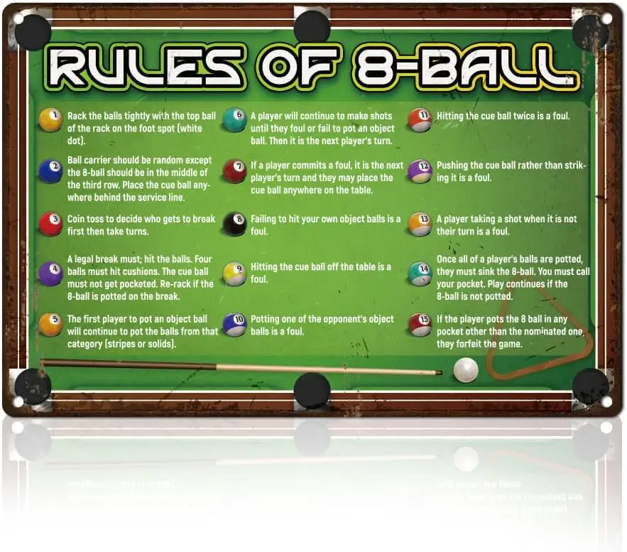 Pool Table and 8 Ball Rules Tin Sign Retro Metal Wall Decor 8 x 12 Vintage Billiard Ball Sport Wall Art Poster for Home Cafes Ga