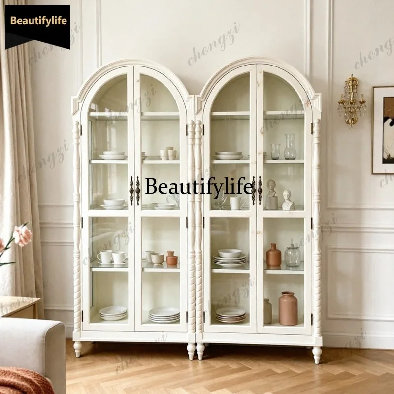 A68French retro solid wood carving flower wine cabinet living room premium glass door, display cabinet American style,