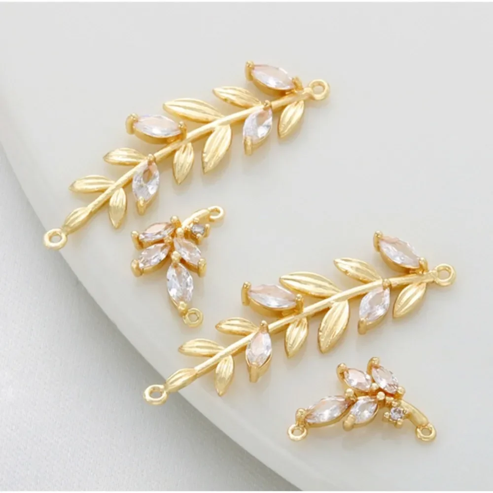 14K Gold-encrusted Zircon Double Hanging Olive Branch Branch Leaf Pendant DIY Bracelet Necklace Connecting Accessories