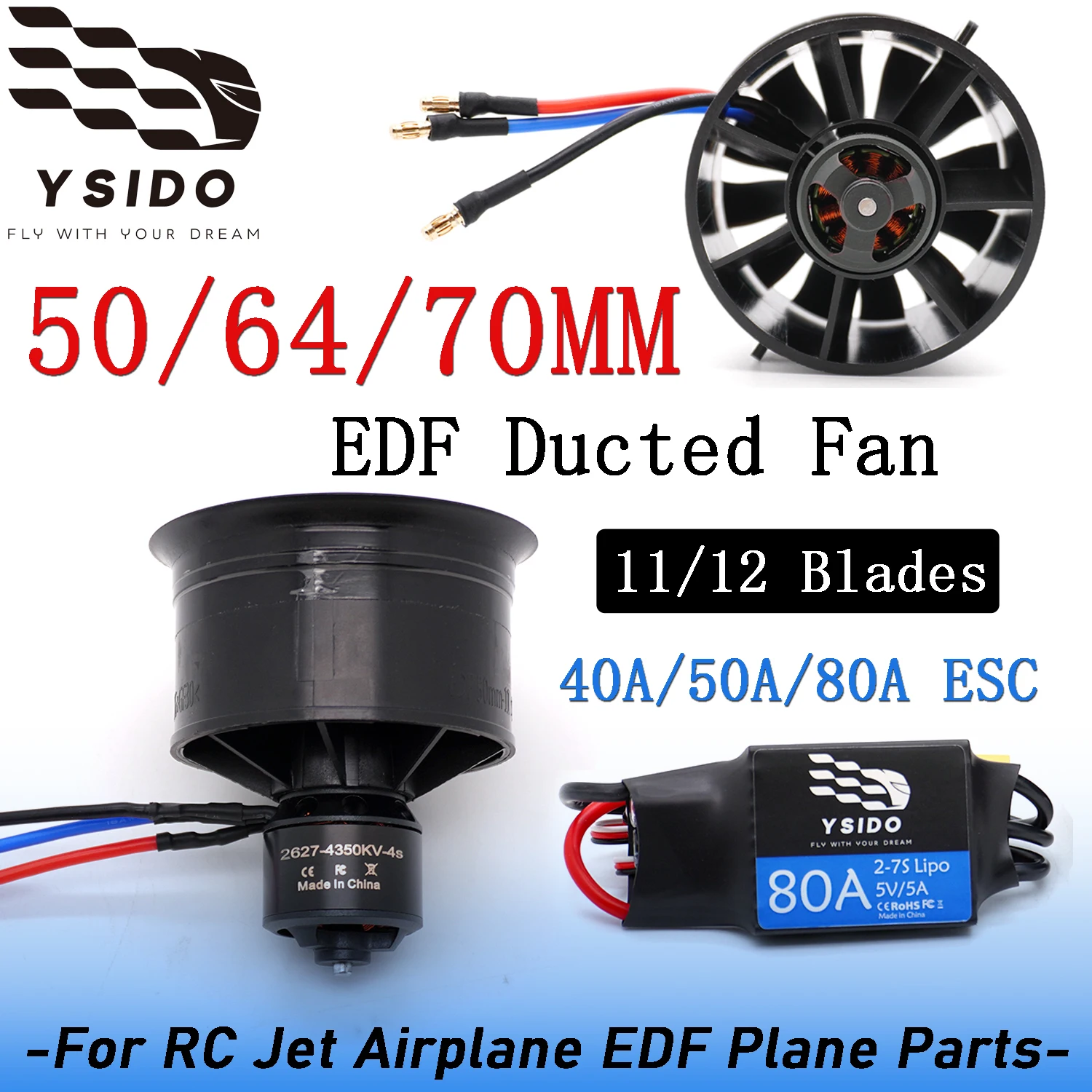 YSIDO 50/64/70mm EDF Ducted Fan 11/12 Blades Brushless Motor 40A/50A/80A ESC Power Combo 3S-6S For RC Jet Airplane EDF Plane