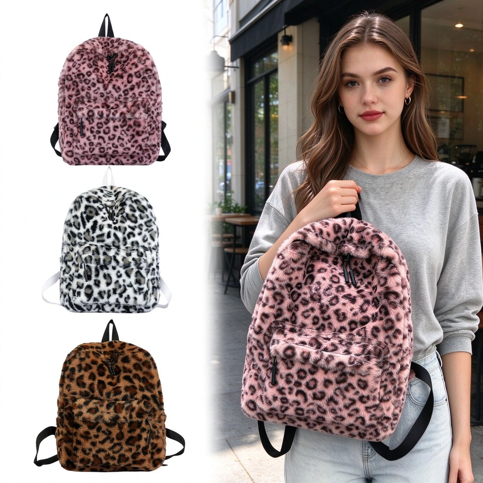 Fashion Fluffy Leopard Backpack Plush Large Capacity Schoolbag, Adjustable Straps CasualDaypack Backpack for Campus Daily Travel