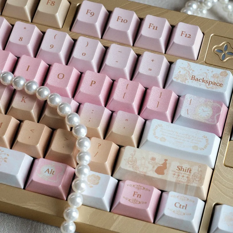 Pink Gold Theme Keycaps Set Customized PBT Sublimation Cherry Profile Keyboard Cap 136keys for Mechanical Keyboard Accessories