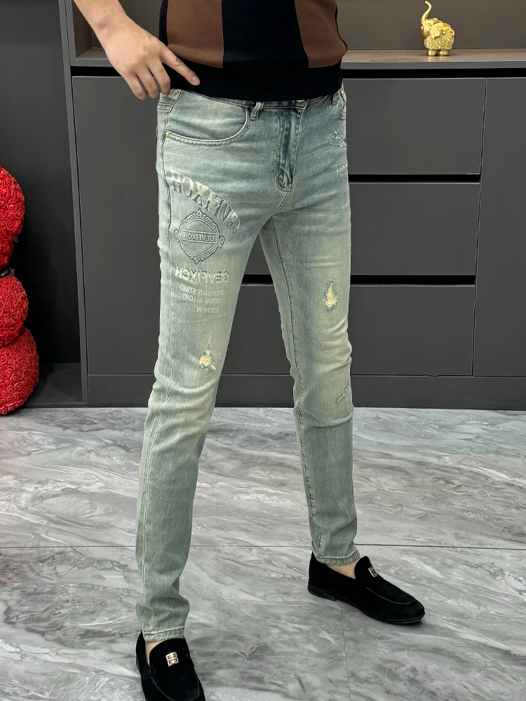 

Модные рваные джинсы с камнями для мужчин, осенне-зимние, трендовые, универсальные, облегающие, удлиненные брюки, повседневные джинсы с высокой талией