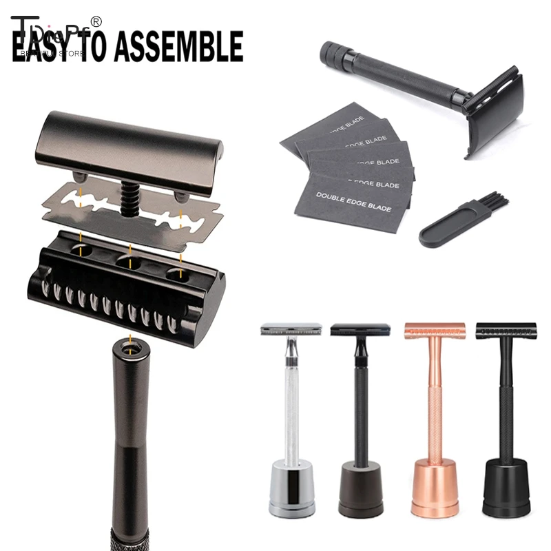 

Razor With Base Double Edge Safety Razor For Women Single Blade Razors With 5pcs Razor Blades Men's Metal Razor Stainless Steel