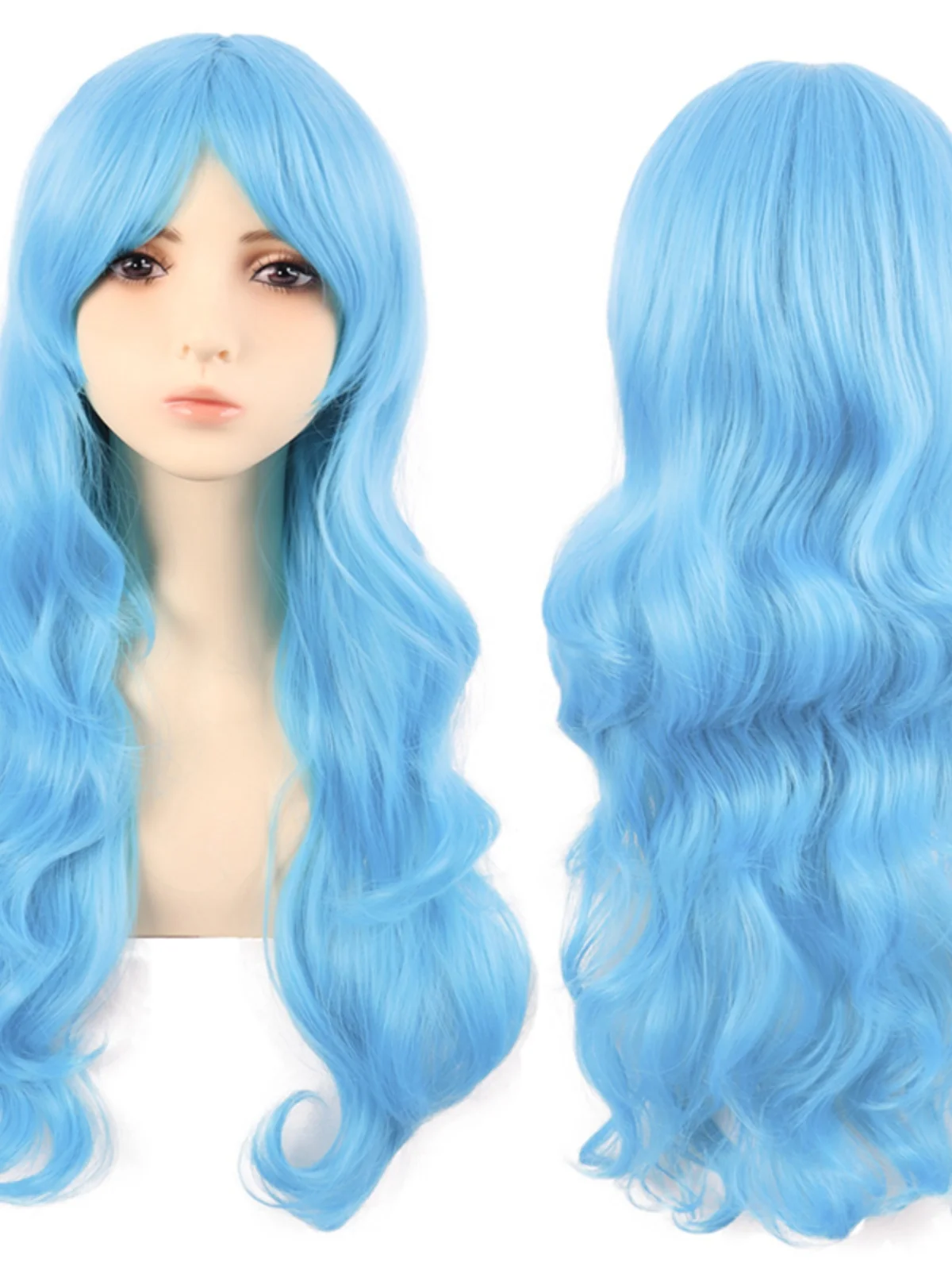 Cos Wig Female Long Hair Anime Big Wave Curly 70cm Light Blue Sky Qi Side Bangs Headgear