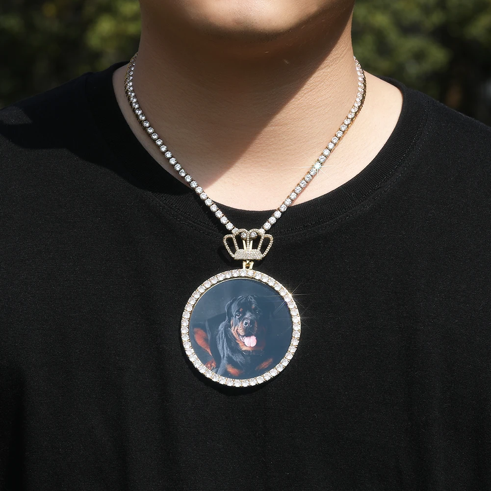 

Uwin DIY негабаритный круглый фотоподвеска с короной залог микро-асфальтированный кубический цирконий памятный подарок DIY изображение хип-хоп ювелирные изделия