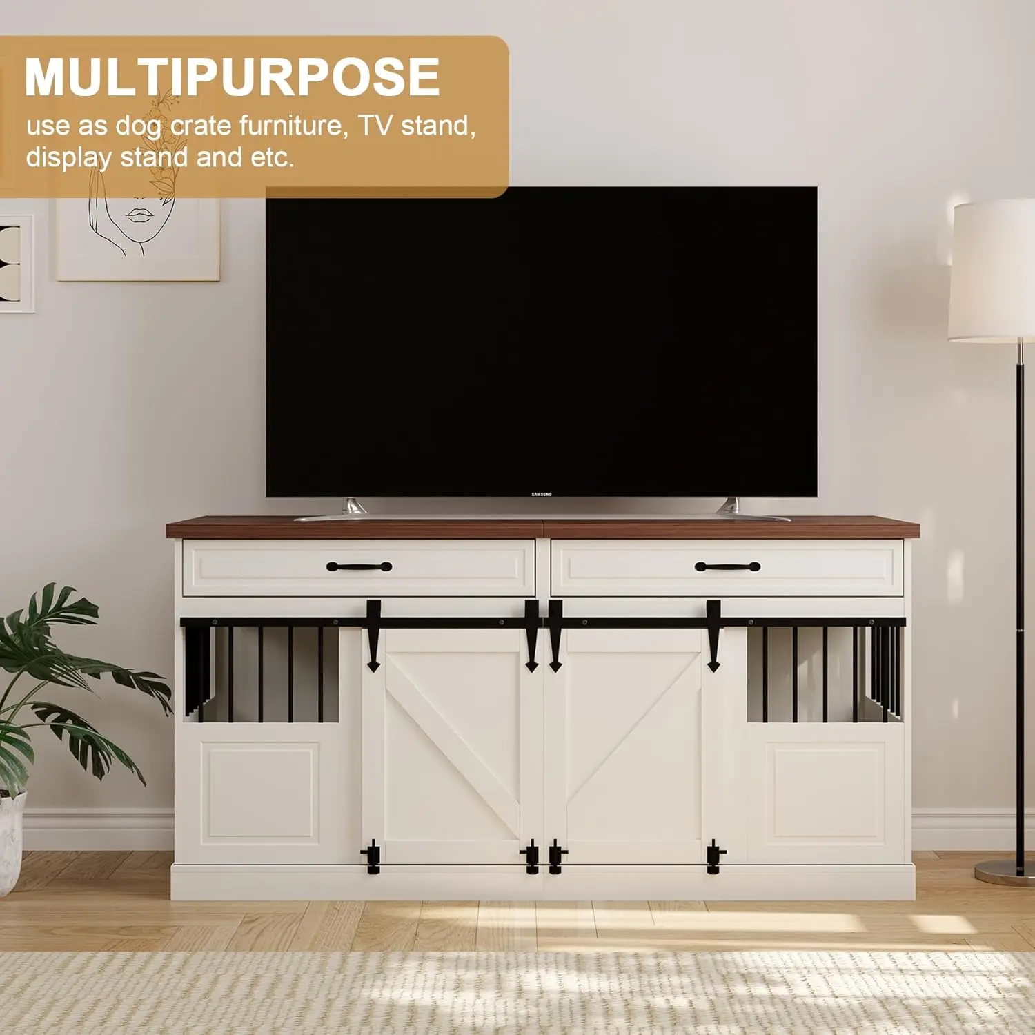 أثاث صندوق الكلاب - أثاث بيت الكلب الخشبي الداخلي للكلاب مع باب الحظيرة المنزلق ومقسم قابل للإزالة، شديد التحمل