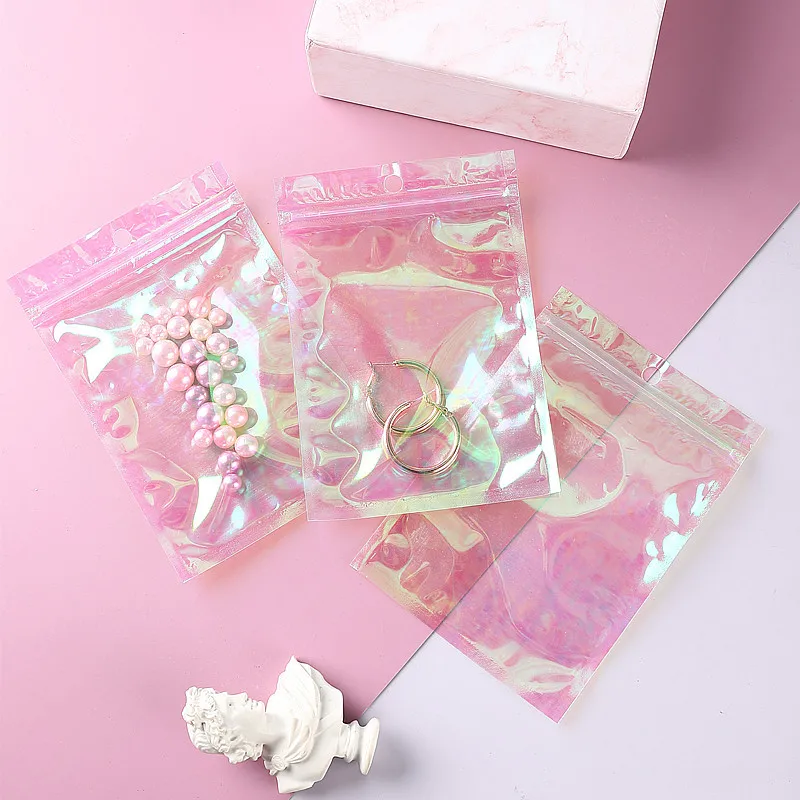 100 Pcs Resealable Flat Plastic Iridescent Aluminum Foil Laser Zip Lock Bags Fully Clear Jewelry Food Candy Gift Storage Pouches