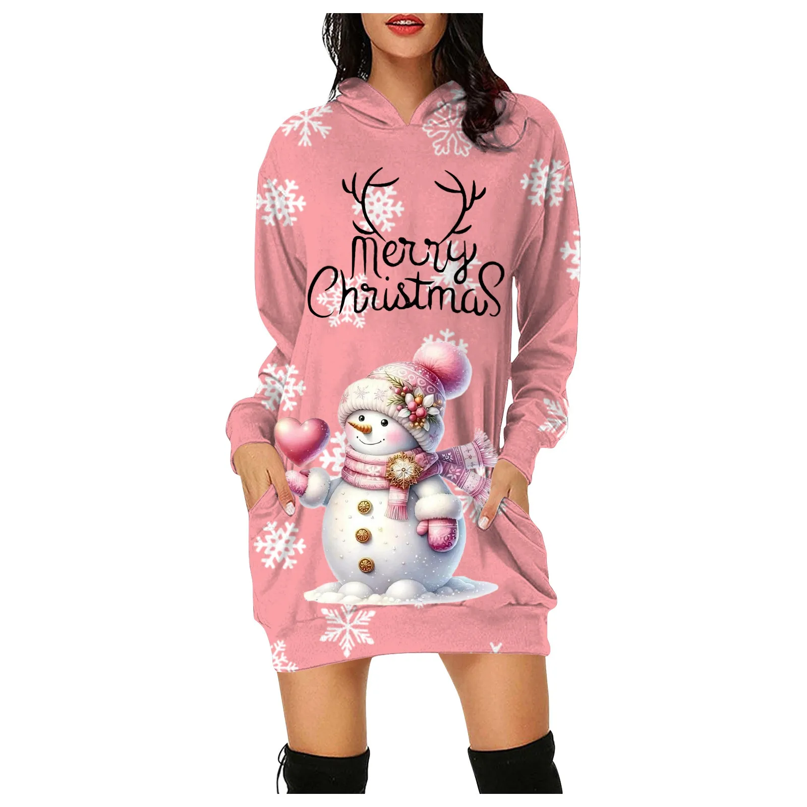 Boneco de neve feminino Natal estampado manga comprida pulôver vestido com capuz, casual solto, vestidos de bolso, moda