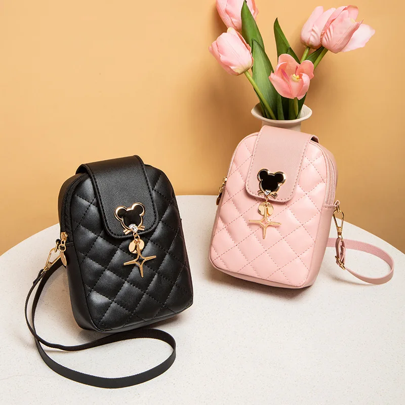 Disney Mickey Mouse Cartoon Fashion Women Leather Handbags 2024 Spring New Crossbody Bags for Women Casual Shoulder Phone Bag