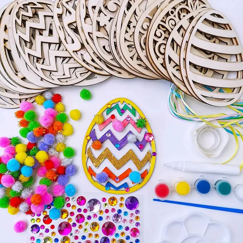 

DIY Easter Eggs Wooden Hollow Out Drawing Template Kids Handmade Crafts Painting Set Easter Party Decoration Pendant Kids Gift