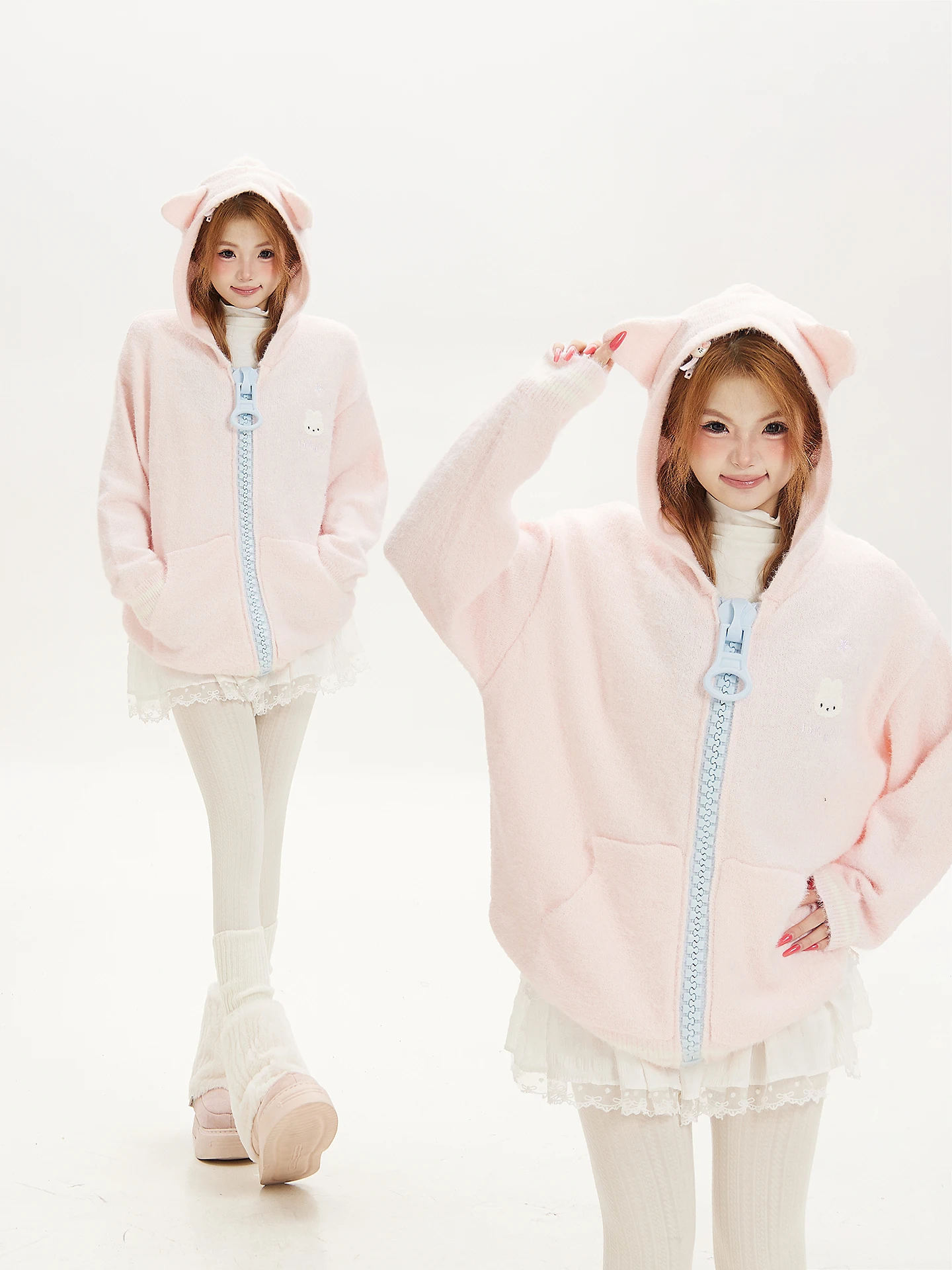 Sweet Cute Ant Large Zipper Knitted Hoodie Women's Autumn Winter Soft Warm Sweater Jacket Casual Loose Fit Polyester Nylon